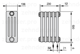 Схема (чертеж) Радиатор Zehnder Charleston 4050/5 №5510 Белый глянцевый RAL 9016